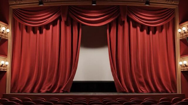 Elegant theatre interior with red velvet curtains, stage, chairs, and lights ready for performance