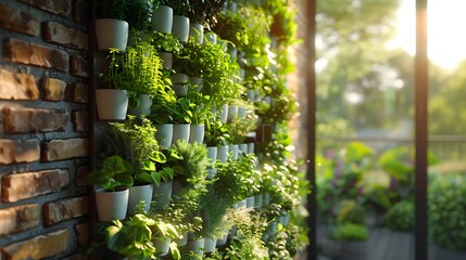 Modern Balcony with Lush Vertical Garden and Green Plants Creating Urban Eco Living Space