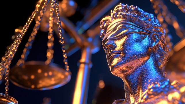 Advanced AI legal assistant depicted as a floating holographic judge's head with virtual gavel impact against a high-tech black-blue background. Judge gavel and binary code