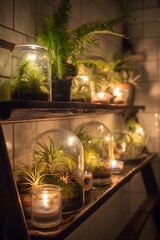 Moody Indoor Terrariums with Green Plants and Candles Creating Cozy Botanical Home Decor
