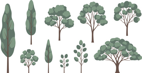 Set of stylized green tree vector illustrations representing nature, forest, ecology and environmental landscape design © Tofajjol