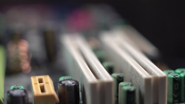 PCI Clots and Electronic Components on Computer Motherboard, Macro Close Up