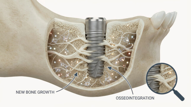 Dental Implant Integrated Into Human Jawbone With New Bone Growth And