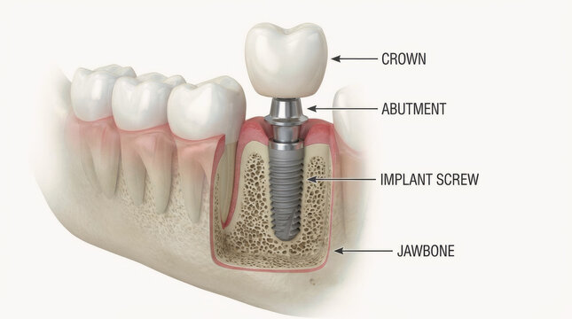 Dental Implant With Crown and Abutment in Jawbone Cross Section Close