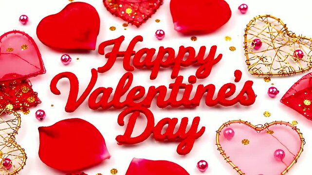 Bright red dimensional typography proclaiming happy valentine's day surrounded by decorative hearts and shiny magenta beads for a festive celebration.