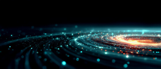 宇宙の渦やデータフローを彷彿とさせる、青とオレンジの光る粒子とラインが美しく輝く未来的で抽象的なハイテク背景、パノラマデザイン