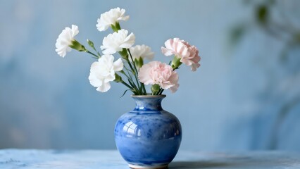 WhiteAndPinkCarnationsInBlueVase