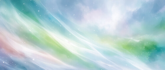 幻想的な水彩風の抽象背景、流れるようなラインと光の粒子が輝く青と緑のグラデーション、パノラマデザイン