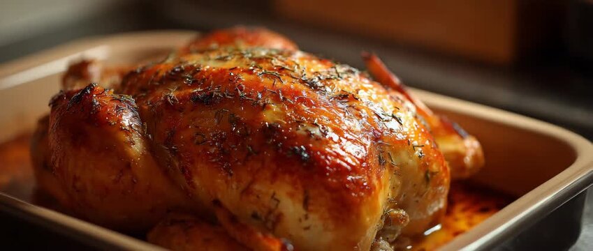 Whole roasted chicken with crispy golden skin and aromatic herbs on a baking tray, delicious homemade poultry dinner.