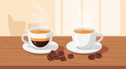 Two steaming cups of coffee and beans sit on a wooden surface