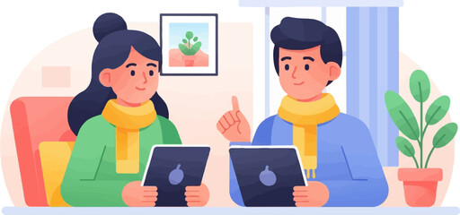 Two people with tablets, wearing scarves, indoors with plants and art