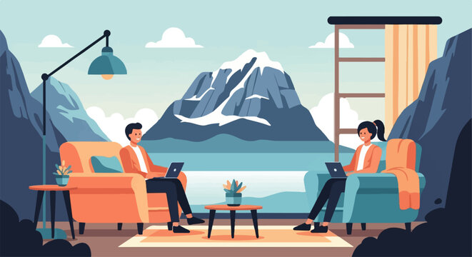 Two people work remotely from a cozy home overlooking a majestic mountain landscape