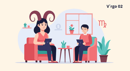 Two people with tablets in cozy chairs, horns, and zodiac symbol