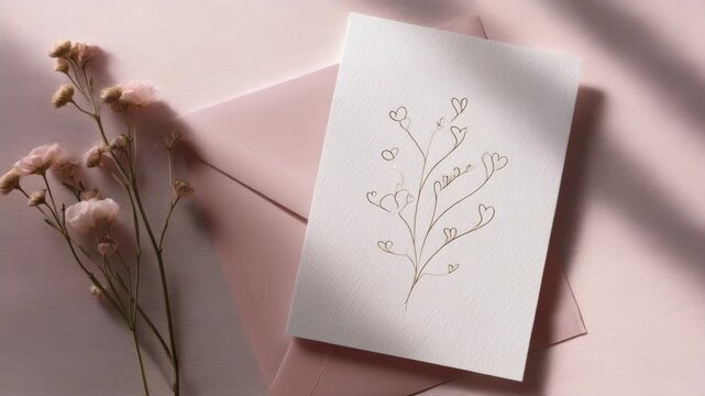 Elegant Greeting Card with Delicate Floral Design on Soft Pink Envelope Surrounded by Pastel Flowers in a Romantic Ambiance