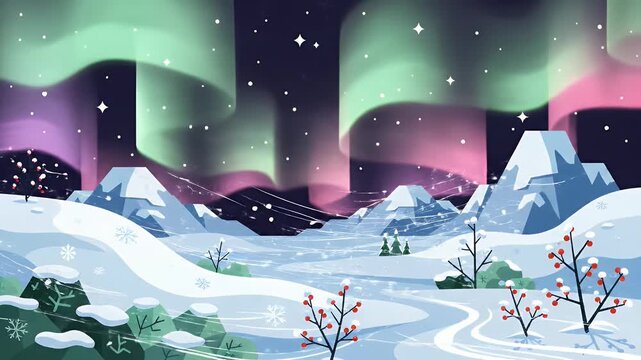 Stylized winter mountain landscape at night with snow and stars