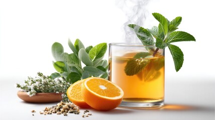 Fototapeta premium Refreshing Herbal Elixir: A vibrant and inviting scene showcasing a glass of steaming herbal tea, adorned with fresh mint and accompanied by sliced oranges and various herbs.