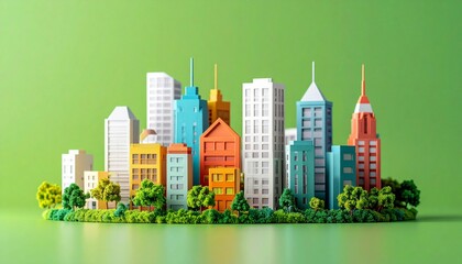 Miniature Cityscape Model with Vibrant Buildings and Greenery on a Green Background.