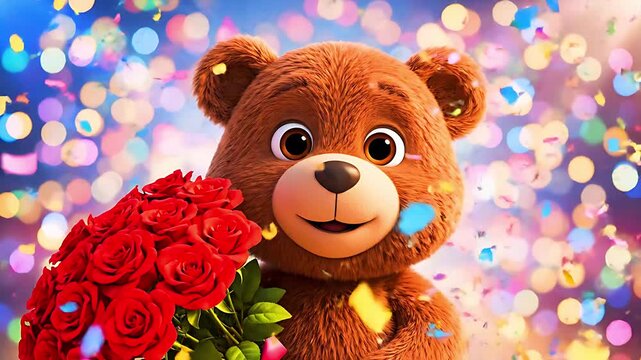 Adorable animated teddy bear character holding a vibrant bouquet of deep red roses while surrounded by colorful celebratory bokeh lights and confetti for special occasions.