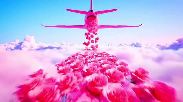 Vibrant pink private jet flies high above soft clouds, dispensing a massive trail of romantic red and pink heart shapes directly downwards.