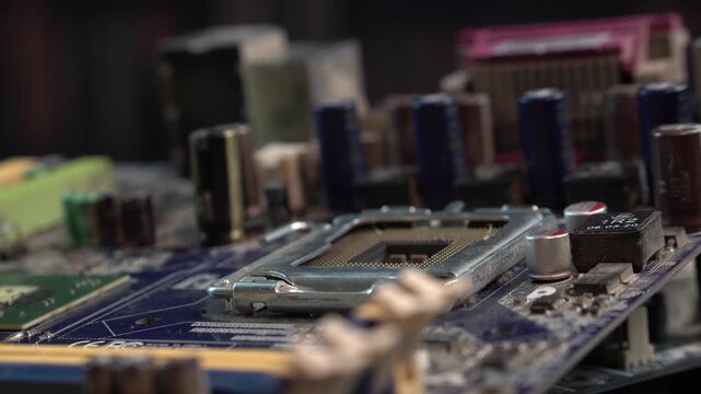 CPU PCI and RAM Memory Sockets and Slots on Computer Motherboard, Close Up