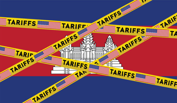USA Tariffs on Cambodia Trade Concept with National Flags and Barrier Tape