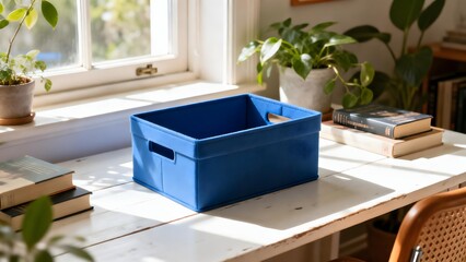 BlueStorageBoxOnSunlitDesk