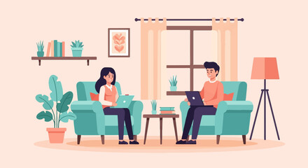Two people working on laptops while relaxing in comfortable chairs at home (1)
