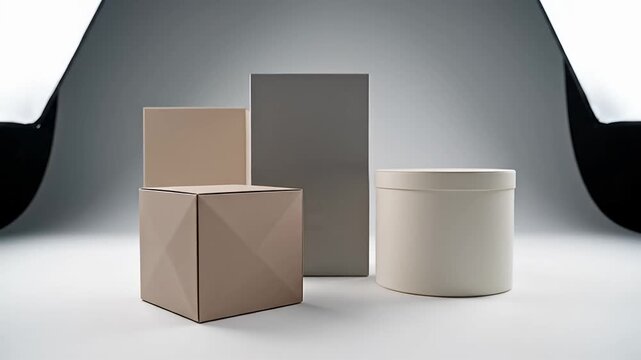 Three neutral tone packaging boxes on white studio background