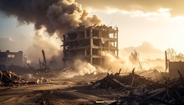 Aftermath of Conflict Rubble and Ruins Symbolizing Destruction and Resilience in a War Torn Landscape.