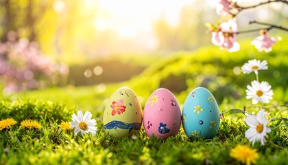 Fototapeta premium Easter egg hunt concept vibrant spring celebration in nature outdoors sunny day blossom background traditional decorative design.