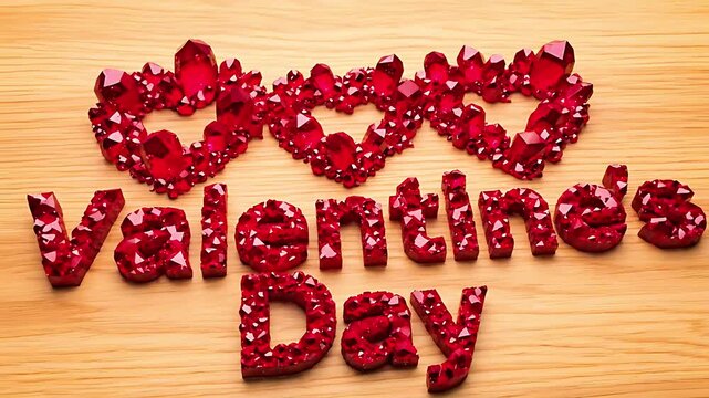 Sparkling red ruby crystal gemstones meticulously arranged to form the romantic phrase "Valentine's Day" atop a warm wooden surface for celebratory promotion.