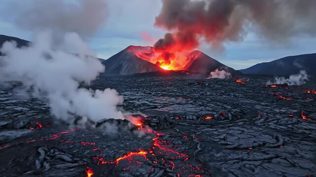 Dramatic volcanic eruption showcasing molten lava and billowing smoke clouds at dusk.