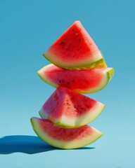 Stacked watermelon slices floating against blue background