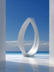 Minimalist white ring sculpture by the sea with blue sky and calm horizon