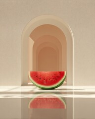 Watermelon slice in arched minimalist architectural space