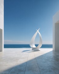 Minimalist seaside architecture with abstract white sculpture and ocean view in bright sunlight