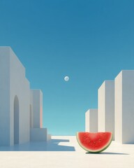 Watermelon slice in minimalist architectural landscape