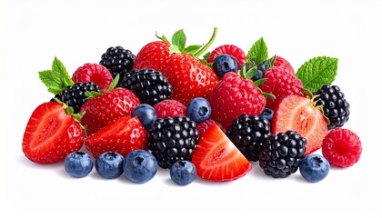 Obraz premium Fresh and vibrant mix of various berries perfect for healthy eating and wellness concepts on a clean white background.