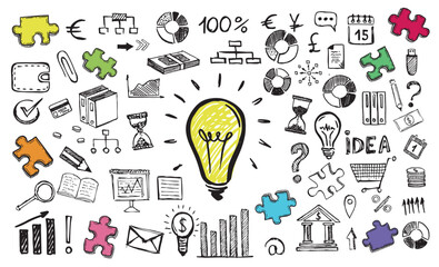 Hand drawn business symbols. Doodle design style. 