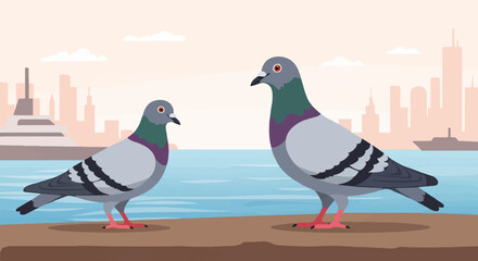 Obraz premium Two pigeons stand on a ledge overlooking a calm blue bay with a city skyline backdrop