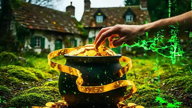 A mystical hand reaches for overflowing gold coins within a black cauldron wrapped in a shimmering golden ribbon in a lush green field setting.