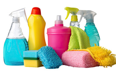 Assorted cleaning supplies.  Colorful plastic bottles, sprayers, sponges, and a cloth are grouped together.  Bright hues of yellow, pink, blue, and green