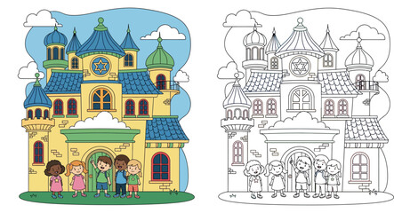 Happy diverse children visiting a colorful synagogue or castle, cute kids standing in front of a building with a Star of David, religious education vector illustration.