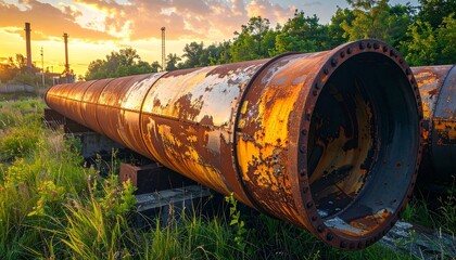 Industrial Rust Sunrise A Long Rusty Pipe in a Field with a Sky Gradient Industrial Background.