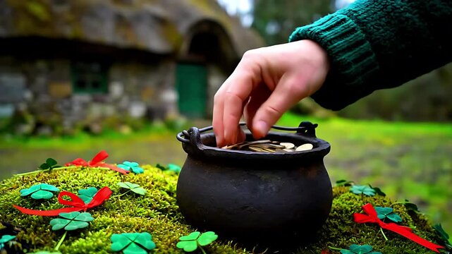 Close-up of a human hand reaching into a small black cauldron filled with golden coins, surrounded by vibrant green moss and shamrocks, suggesting Irish folklore wealth and luck.