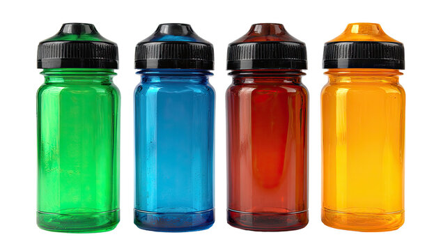 Four colorful water bottles arranged in a row.  Each bottle is a  different vibrant hue?green, blue, orange-red, and yellow.  They have a similar shape, rectangular, and black screw-on caps