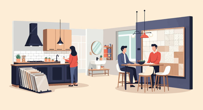 Two people in a modern, stylish home showroom, one in kitchen, one at table