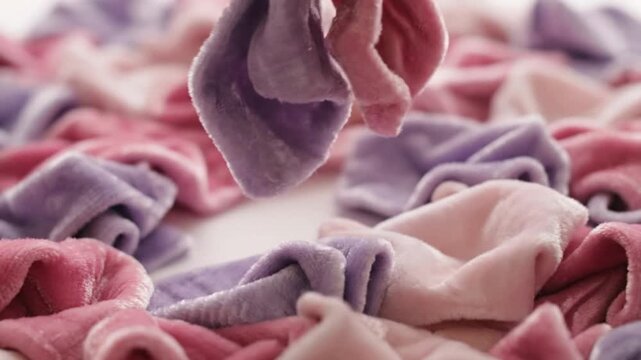 A delightful collection of soft, fluffy crushed velvet scrunchies in pastel pink, lavender, and rose, piled together invitingly.