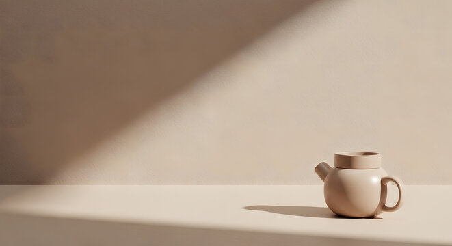 Neutral branding background with tactile design featuring a simple kettle placed on a soft surface during daylight hours