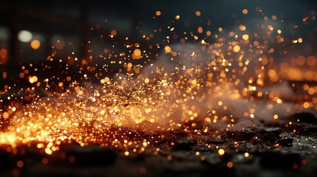 Metal sparks fly in a dark workshop during intense metalworking process at night